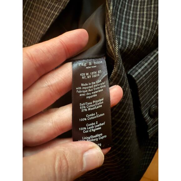 Rag & Bone Grey plaid Leather Collar Blazer Jacket 2 (missing Button) - Picture 3 of 4